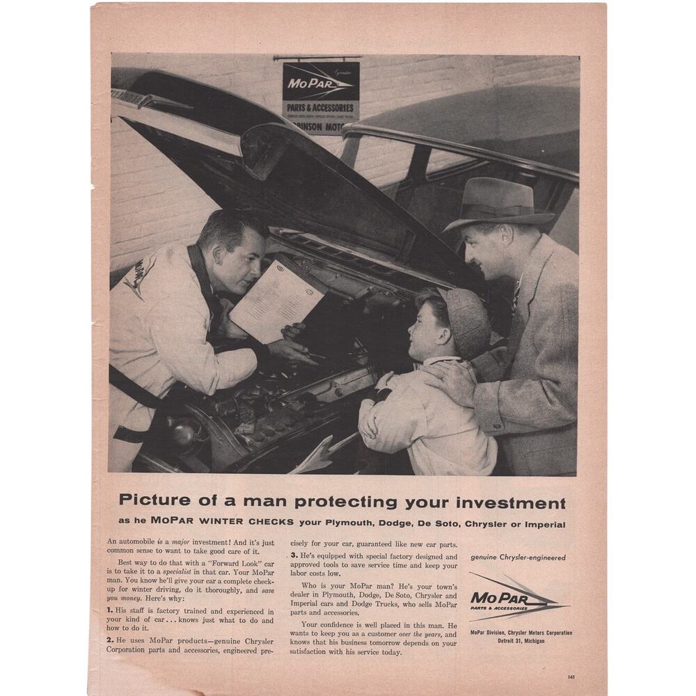 MoPar Car Part  & Accessory Magazine Advertisement 1958 Vtg Automobilia Chrysler